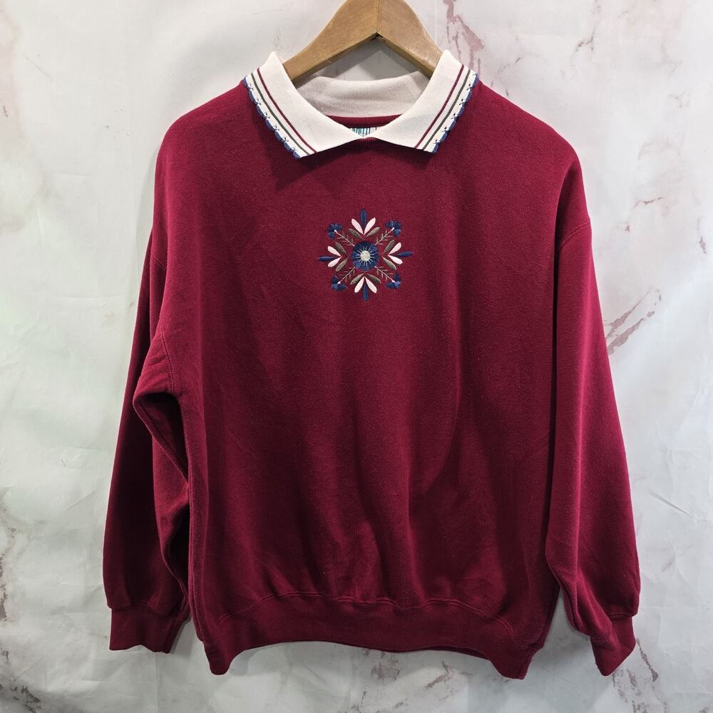 Vintage Sweatshirt Womens Medium Red 90s Wreath Floral Granny 4th July Holiday